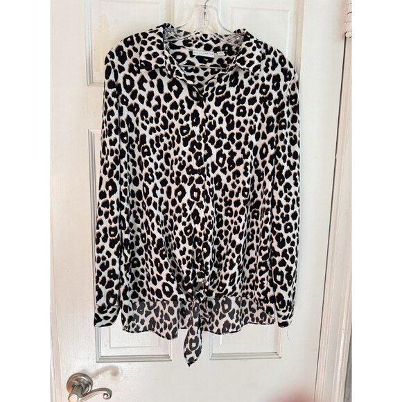 Susan Graver Women’s Sz 10 Leopard Animal Print Blouse Black Tie Front Top - Picture 1 of 9